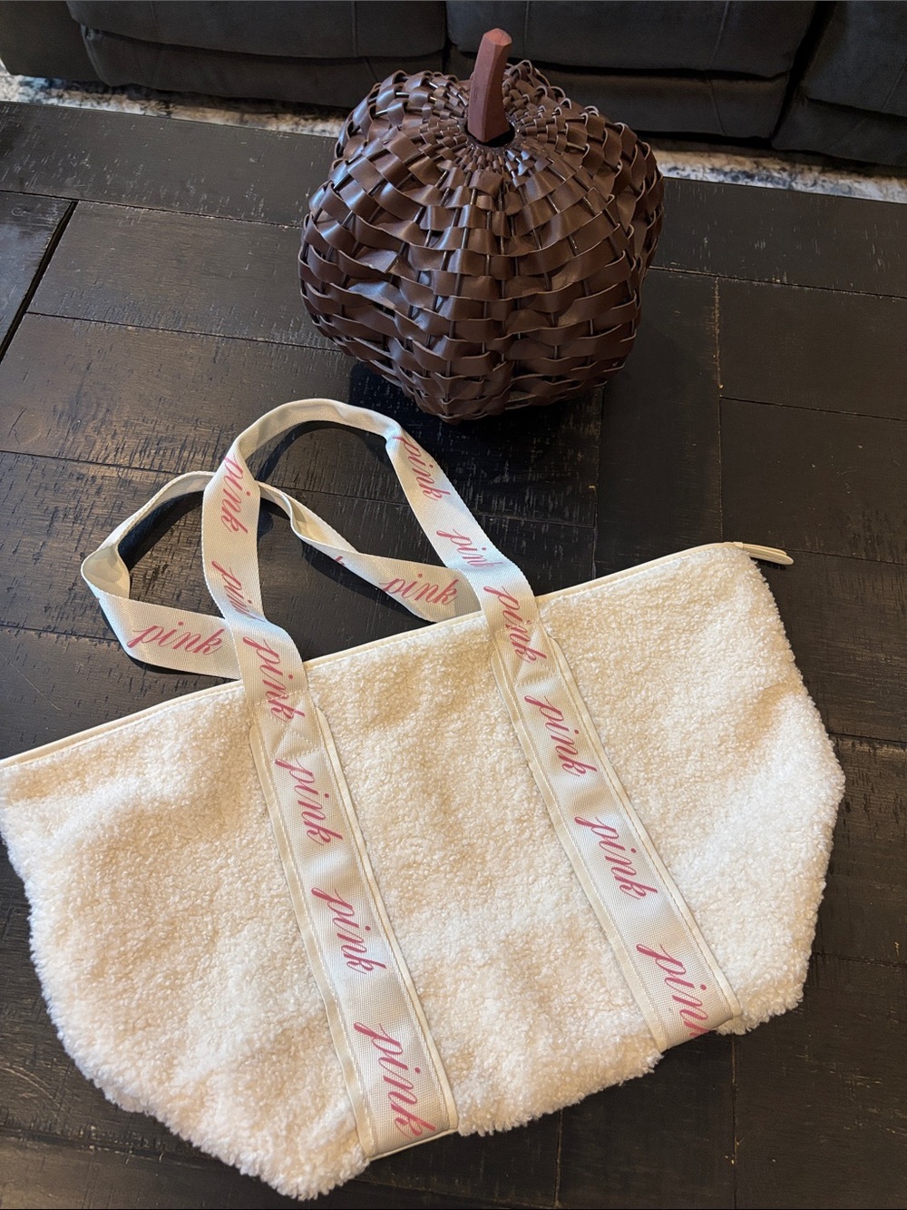 PINK Victoria's Secret Off White Sherpa Tote Pink Logo Ribbon Handles School